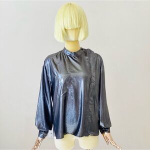 Étoile Isabel Marant Melva Blouse Metallic Grey Long Sleeve with Mock Neck SZ 6